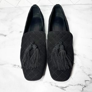 M. Gemi Black Leather Suede Quilted Tassel Square Toe Flat Shoes Size EU 41
